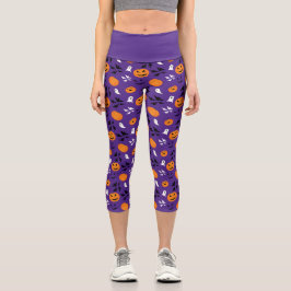 Halloween pumpkins ghosts bats fun purple pattern capri leggings