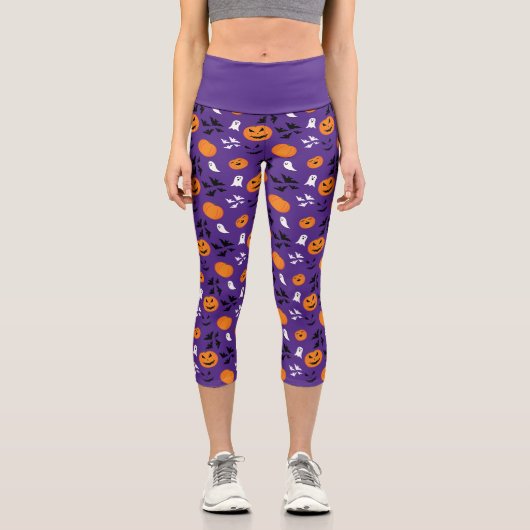 Halloween pumpkins ghosts bats fun purple pattern capri leggings (Vorderseite)