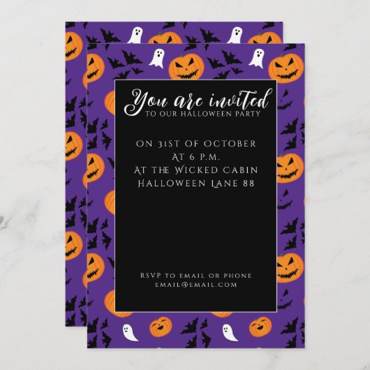 Halloween pumpkins ghosts bats fun purple pattern einladung (Vorne/Hinten)