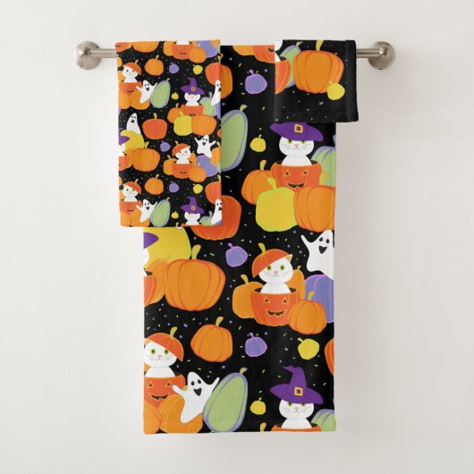 Halloween Pumpkins Katzen und Geister farbenfroher Badhandtuch Set (Insitu)