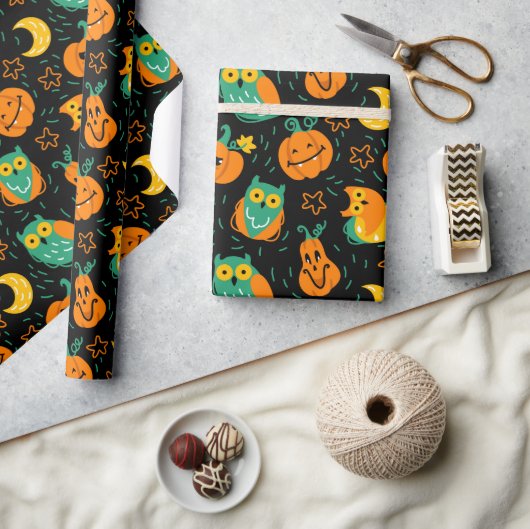 Halloween Pumpkins Moon Owls Wrapping Paper Geschenkpapier (Kunsthandwerk)