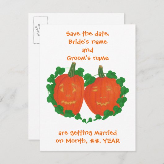 Halloween Pumpkins Sichern Sie das Datum Hochzeits Ankündigungspostkarte (Vorne/Hinten)