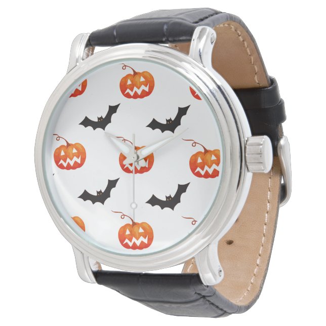 Halloween Pumpkins und Fledermäuse, Trick oder Tre Armbanduhr (Schrägansicht)