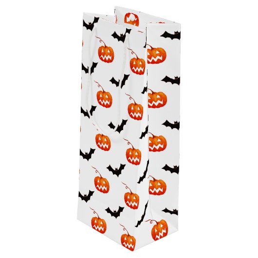 Halloween Pumpkins und Fledermäuse, Trick oder Tre Geschenktüte Für Weinflaschen (Rückseite Schrägansicht)