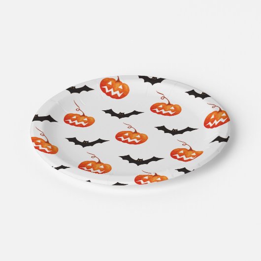 Halloween Pumpkins und Fledermäuse, Trick oder Tre Pappteller (Schrägansicht)