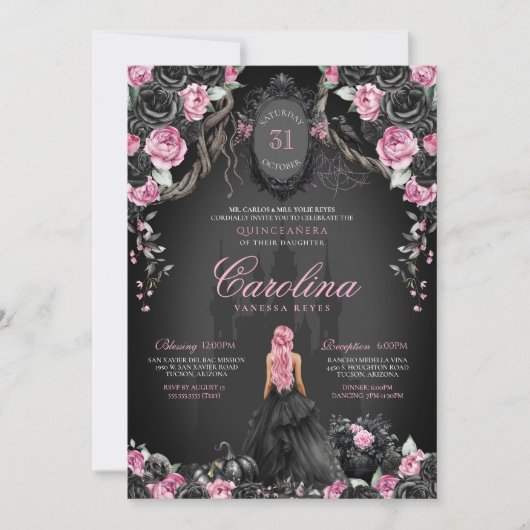 Halloween Quinceañera Black Pink Gothic Princess Einladung (Vorderseite)