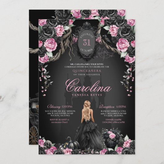 Halloween Quinceañera Black & Pink Gothic Princess Einladung (Vorne/Hinten)