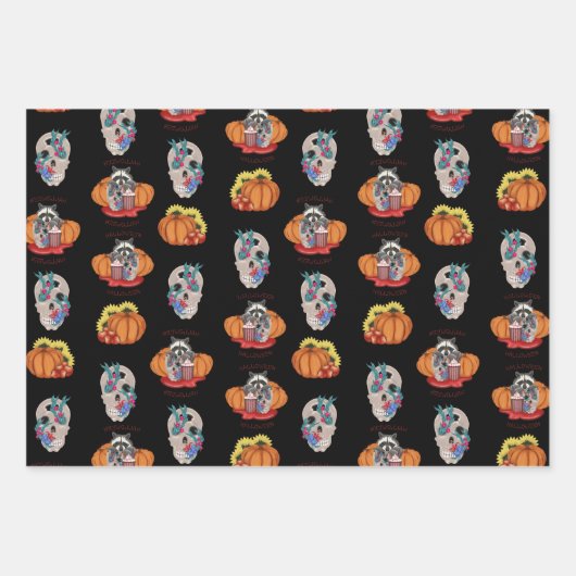 Halloween Raccoon mit Schädel und Kürbis Geschenkpapier Set (Vorderseite)