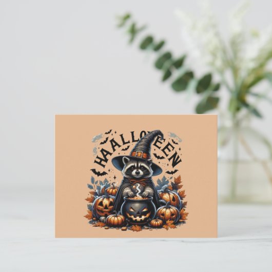 Halloween Raccoon Witch with Pumpkin Cauldron Feiertagspostkarte (Stehend Vorderseite)