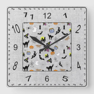 Halloween Random Iconic Pattern Gray Textured Quadratische Wanduhr