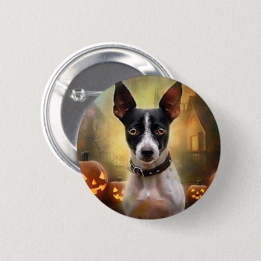 Halloween Rat Terrier mit Pumpkins Beängstigend Button (Vorne & Hinten)