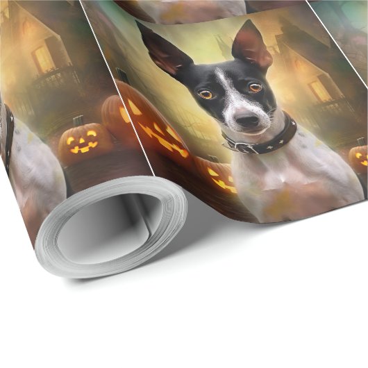 Halloween Rat Terrier mit Pumpkins Beängstigend Geschenkpapier (Rolleneckpunkt)