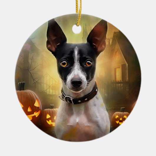 Halloween Rat Terrier mit Pumpkins Beängstigend Keramik Ornament (Vorne)