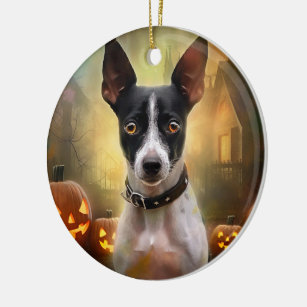 Halloween Rat Terrier mit Pumpkins Beängstigend Keramik Ornament