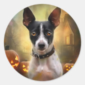 Halloween Rat Terrier mit Pumpkins Beängstigend Runder Aufkleber (Vorderseite)