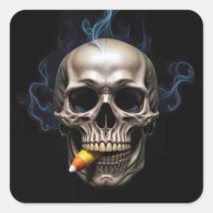 Halloween rauchender Totenkopf beißt Candy Corn Quadratischer Aufkleber