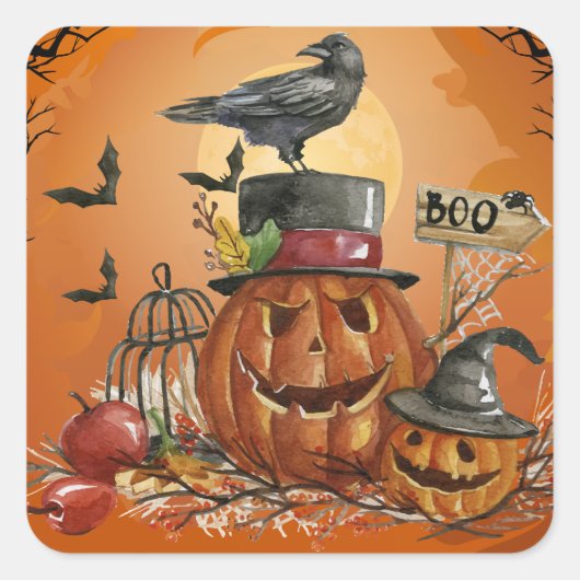 Halloween Raven Pumpkin Party Quadratischer Aufkleber (Vorderseite)