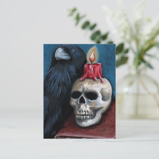 Halloween Raven, Skull & Candle Malerei Postkarte (Stehend Vorderseite)