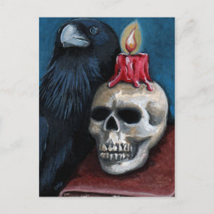 Halloween Raven, Skull & Candle Malerei Postkarte