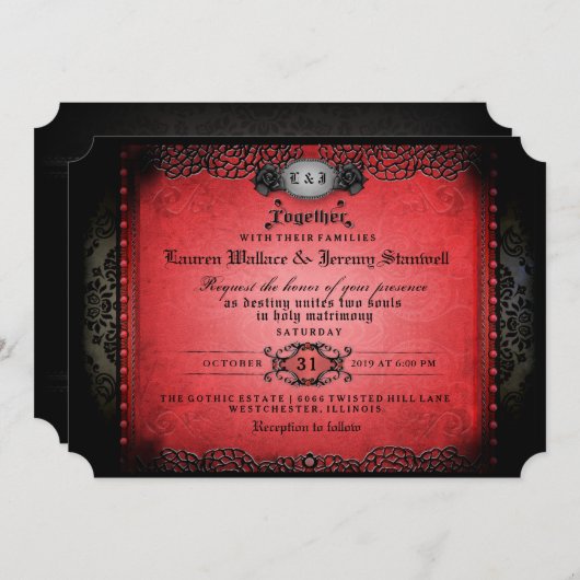 Halloween Red Black Gothic Together Wed EMPFANG Einladung (Vorne/Hinten)
