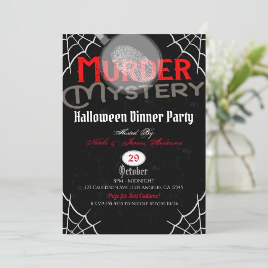 Halloween Red Black Murder Mystery Dinner Party Einladung (Stehend Vorderseite)