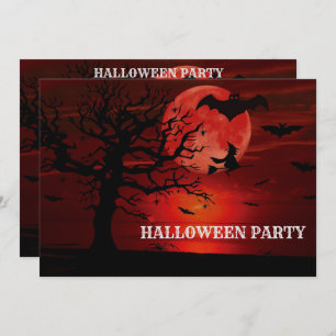 Halloween Red Full Moon Black Tree Witch Bat Beäng Einladung