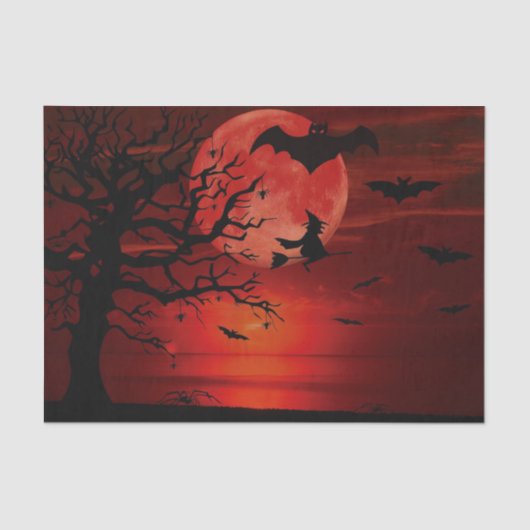 Halloween Red Full Moon Black Tree Witch Bat Beäng Seidenpapier (Vorderseite)