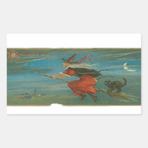 Halloween Red Hexe auf Broom Black Cat Vintag Rechteckiger Aufkleber
