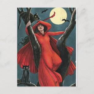 Halloween Red Hexe & Black Cat Vintag Feiertagspostkarte