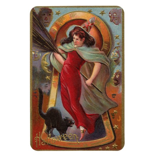 Halloween Red Hexe & Black Cat Vintag Magnet (Vertikal)