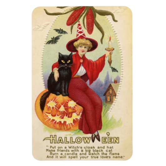 Hallowe'en Red Hexe und Black Cat Vintag Magnet (Vertikal)