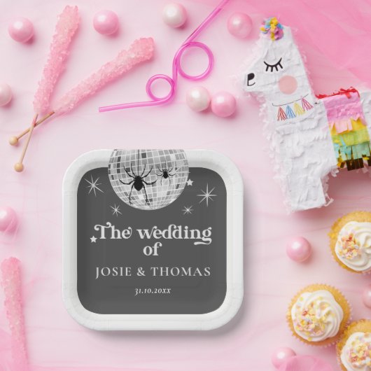 Halloween Retro Disco Spiders & Disco Ball Wedding Pappteller (Party)