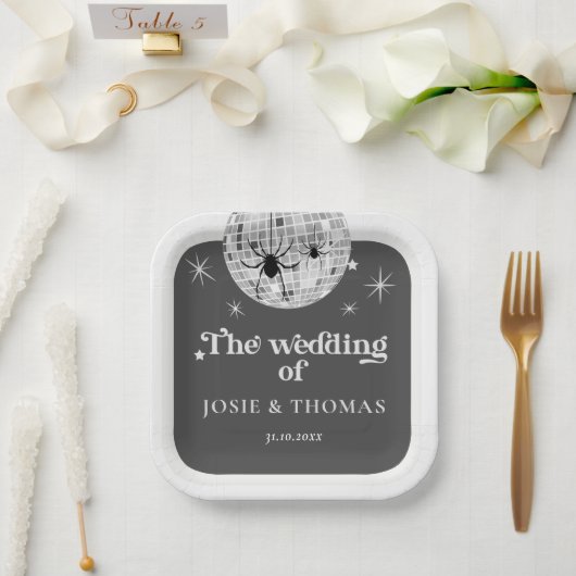 Halloween Retro Disco Spiders & Disco Ball Wedding Pappteller (Hochzeit)