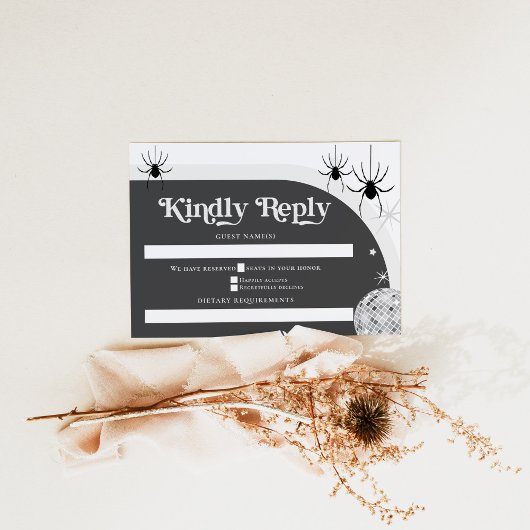 Halloween Retro Disco Spiders & Disco Ball Wedding RSVP Karte