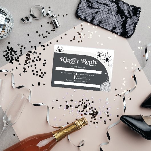 Halloween Retro Disco Spiders & Disco Ball Wedding RSVP Karte