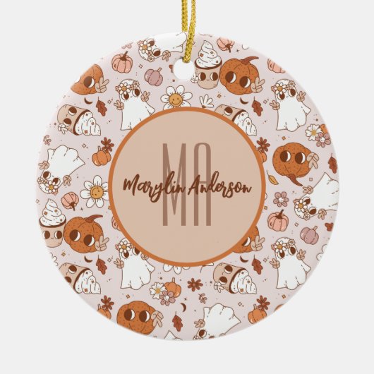 HALLOWEEN RETRO GROOVY PUMPKINS UND GHOSTEN KERAMIK ORNAMENT (Vorne)