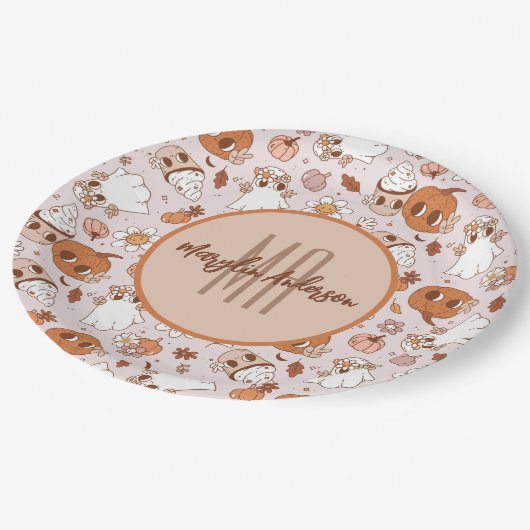 HALLOWEEN RETRO GROOVY PUMPKINS UND GHOSTEN PAPPTELLER (Schrägansicht)