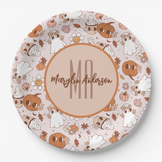 HALLOWEEN RETRO GROOVY PUMPKINS UND GHOSTEN PAPPTELLER (Vorderseite)