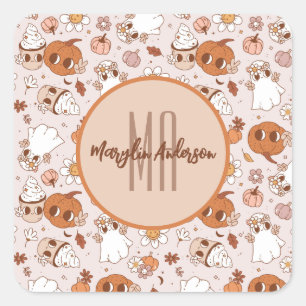 HALLOWEEN RETRO GROOVY PUMPKINS UND GHOSTEN QUADRATISCHER AUFKLEBER