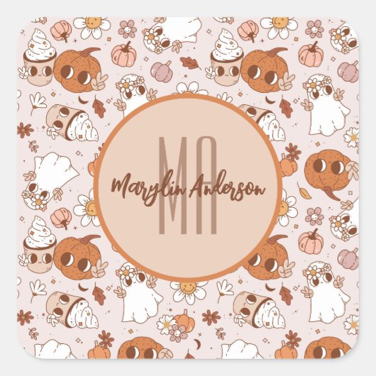 HALLOWEEN RETRO GROOVY PUMPKINS UND GHOSTEN QUADRATISCHER AUFKLEBER (Vorderseite)