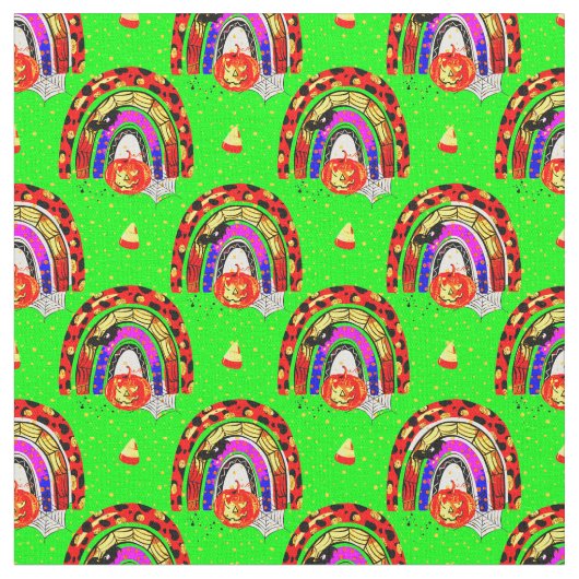 Halloween Retro Leopard Rainbow Pumpkin auf Green Stoff (Nahaufnahme)