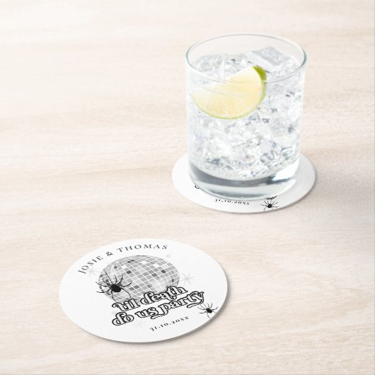 Halloween Retro Spiders & Disco Ball Wedding Runder Pappuntersetzer (Vor Ort)