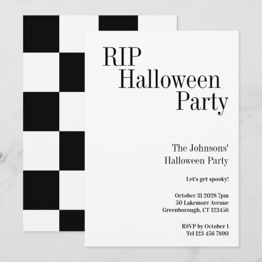 Halloween RIP Party Black and White Check Einladung (Vorne/Hinten)