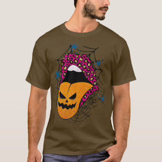 Halloween Rosa Lips Leopard Pattern Pumpkin T-Shirt