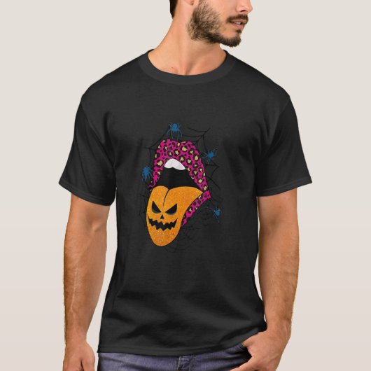 Halloween Rosa Lips Leopard Pattern Pumpkin T-Shirt (Vorderseite)