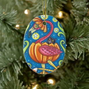 HALLOWEEN ROSAFARBIGER FLAMINGO & SCHWARZE KATZE I KERAMIK ORNAMENT