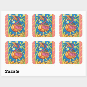 HALLOWEEN ROSAFARBIGER FLAMINGO & SCHWARZE KATZE I QUADRATISCHER AUFKLEBER