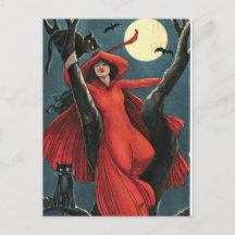 Halloween rote Hexe & schwarze Katze Vintage