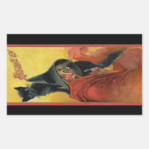 Halloween rote Hexe & schwarze Katze Vintage Rechteckiger Aufkleber
