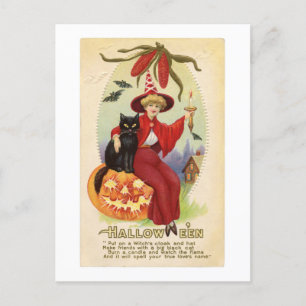 Halloween rote Hexe und schwarze Katze Vintage Postkarte